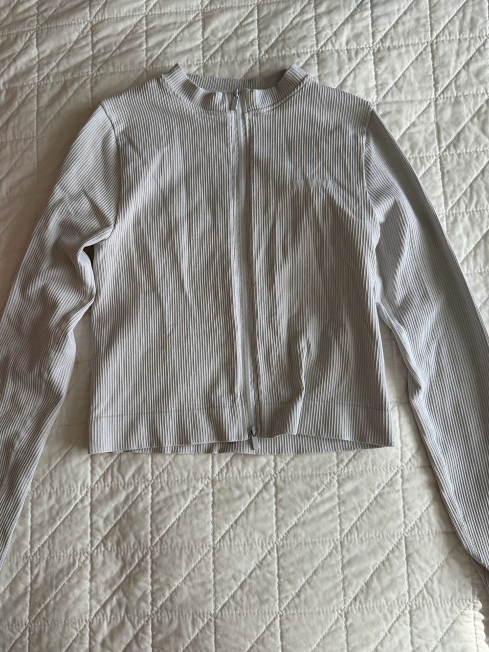 White Ribbed Zip-Up Top with High Neck Activewear
